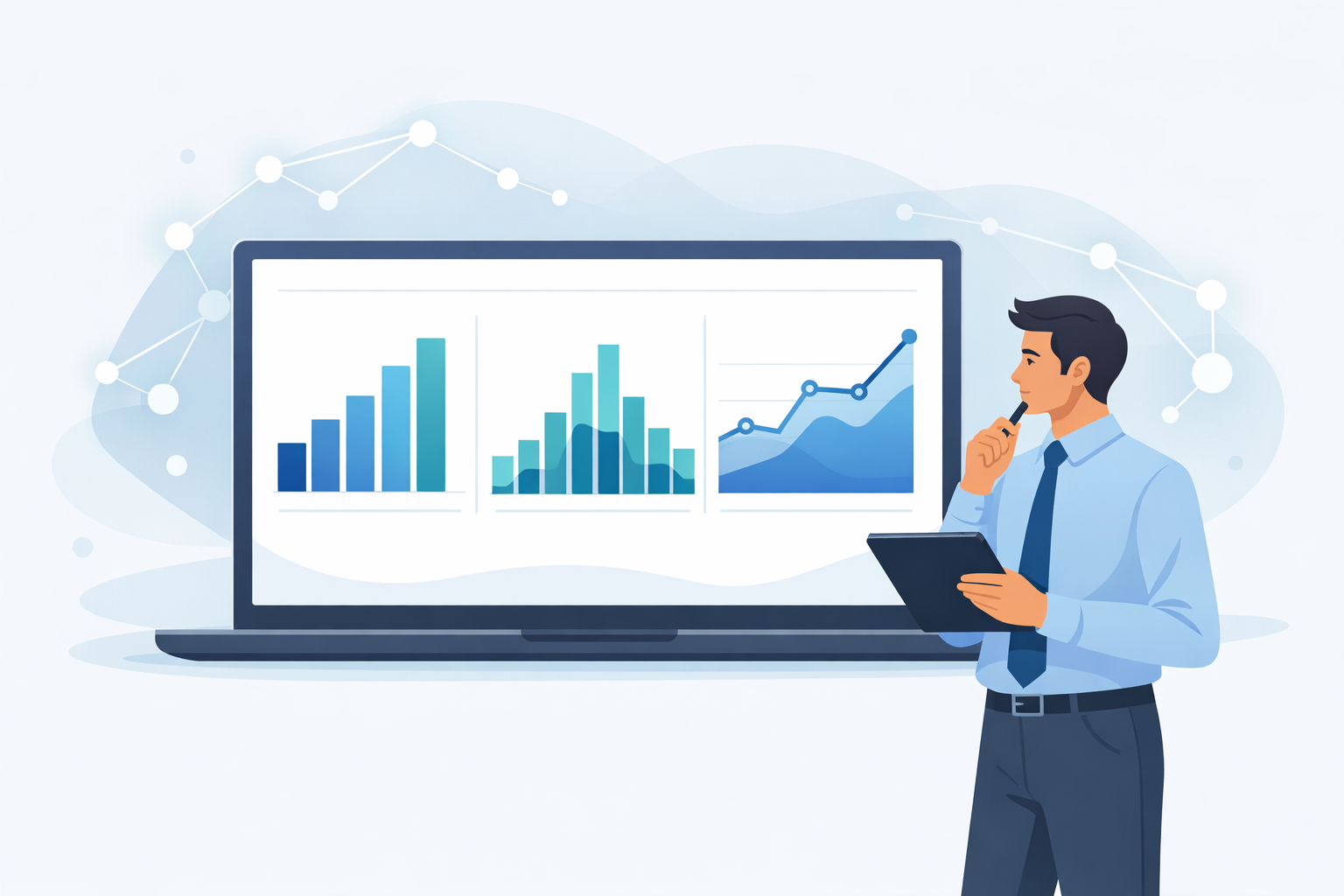 AI data analytics explorer with abstract charts and human review